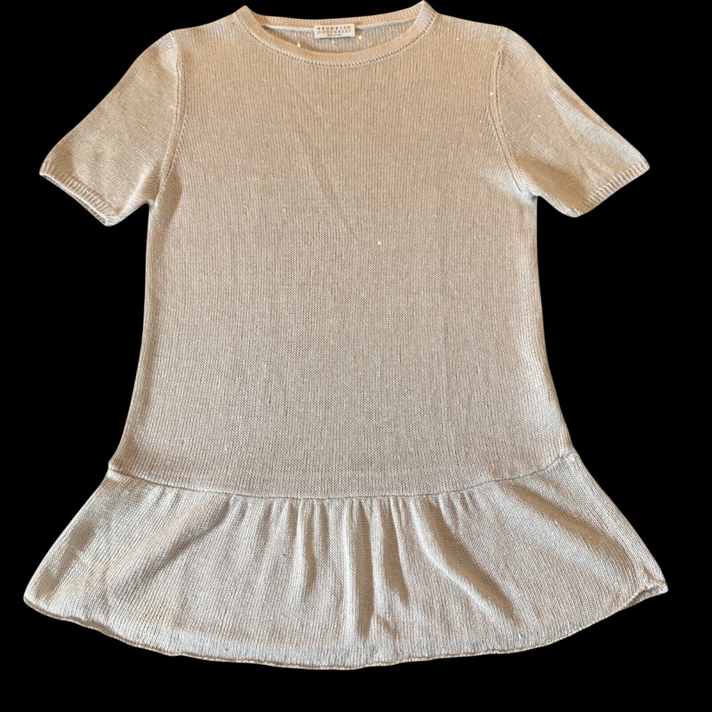 Brunello Cucinelli Womens Linen Silk Knit Sweater M Beige Sequin Peplum Italy